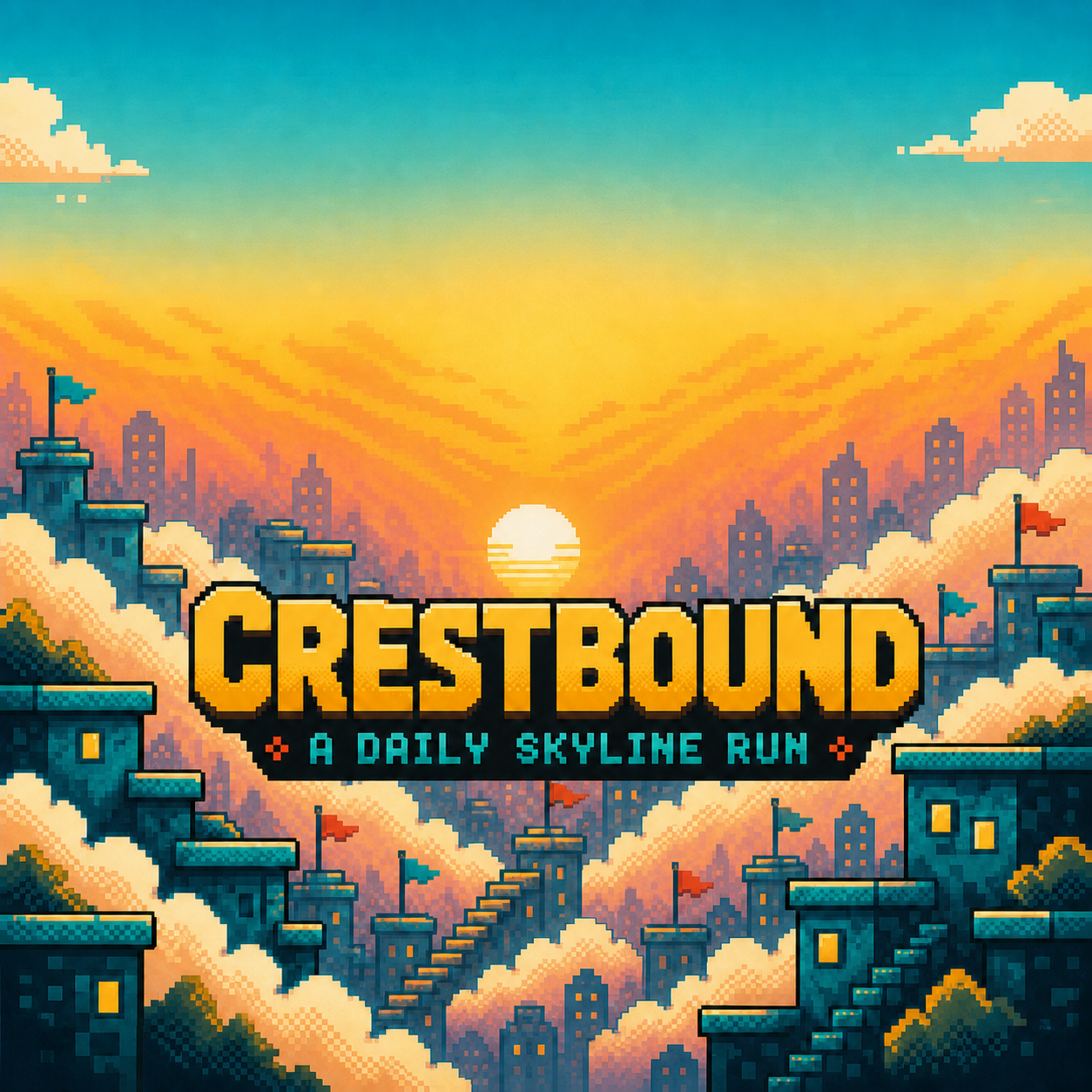 The golden-hour Crestbound skyline beneath the A Daily Skyline Run title